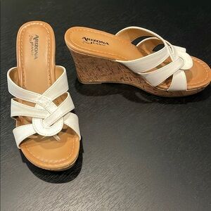 S-O-L-D. 
Arizona Jean company, White Wedge Sandals